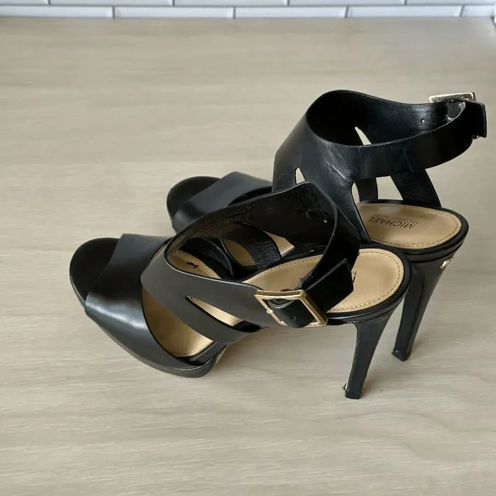 MICHAEL Michael Kors Black Leather Open Toe Buckle Heels - Size 7.5